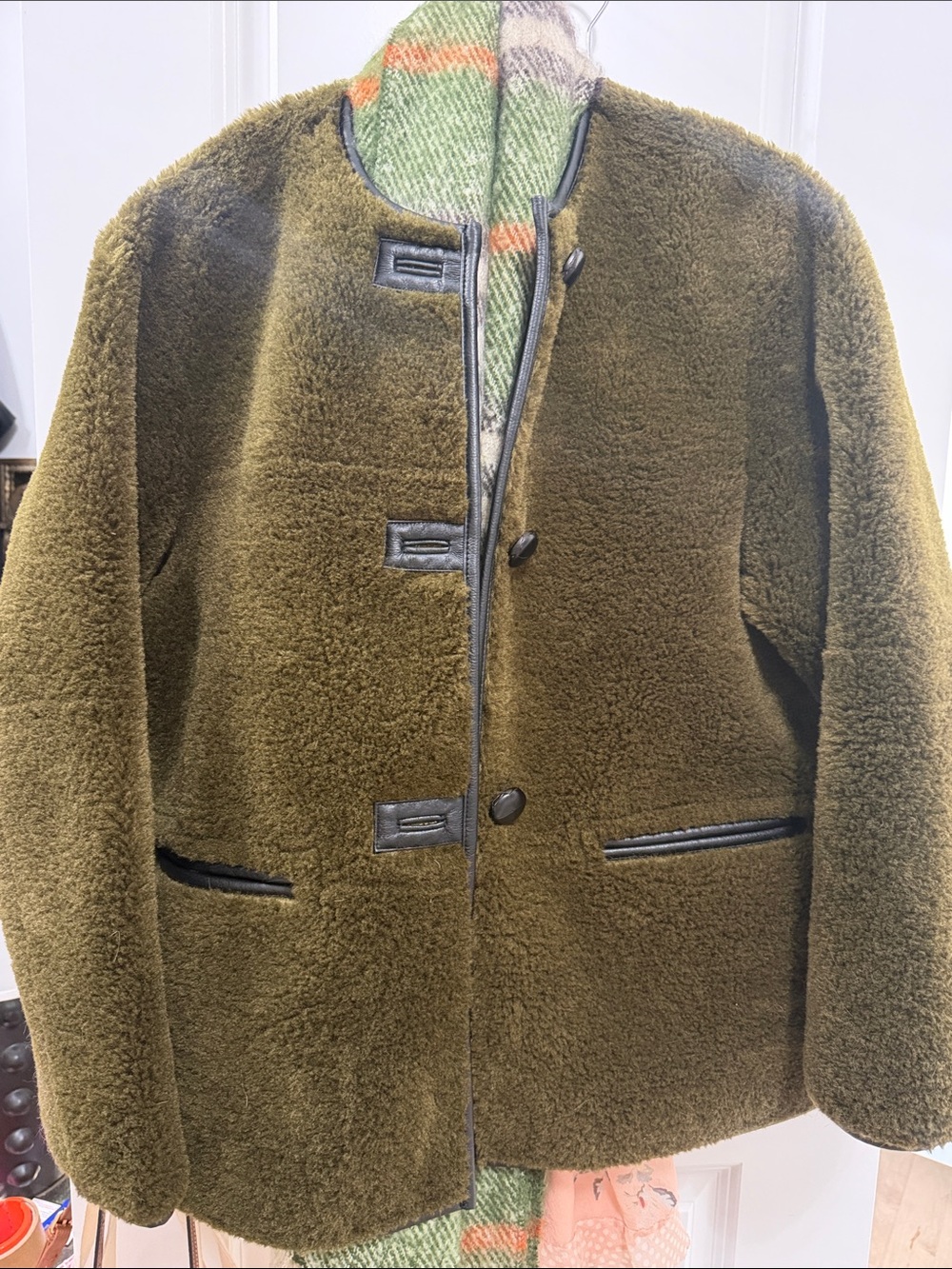 Mango Olive Green Shearling Jacket S Black faux leather lining and details